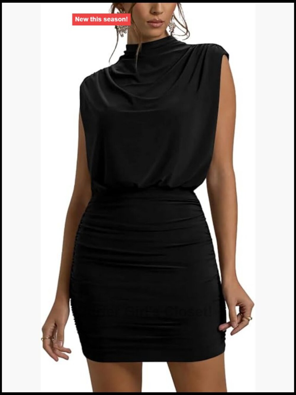Women's Mock Neck Sleeveless Mini Blouson Dress with Ruching High Waist Stretchy